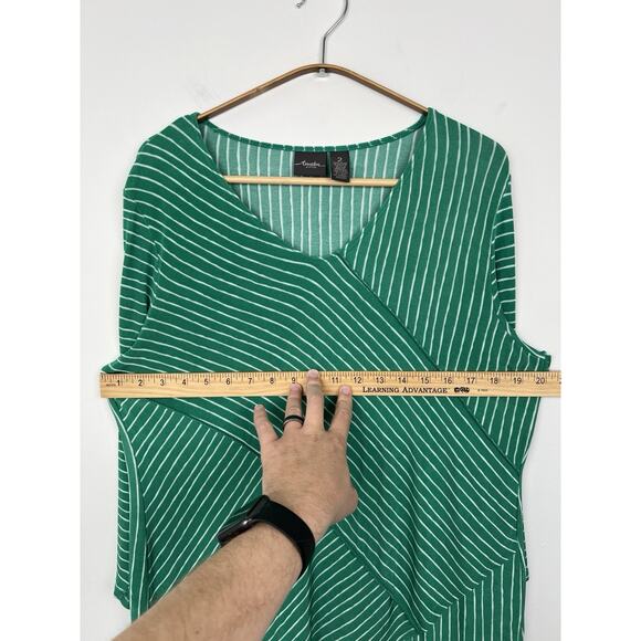 Chicos Travelers Top 2 Large Slinky Knit Green Stripe 3/4 Sleeve Asymmetric - Picture 7 of 7